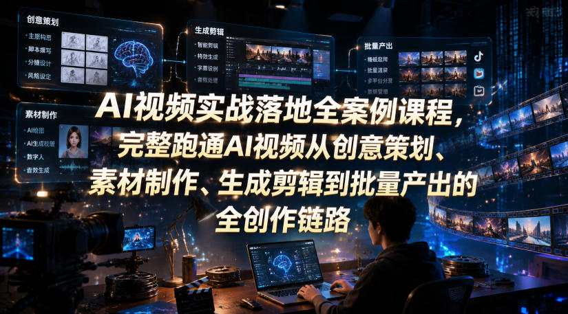 AI视频实战落地全案例课程，完整跑通AI视频从创意策划、素材制作、生成剪辑到批量产出的全创作链路-寒山客