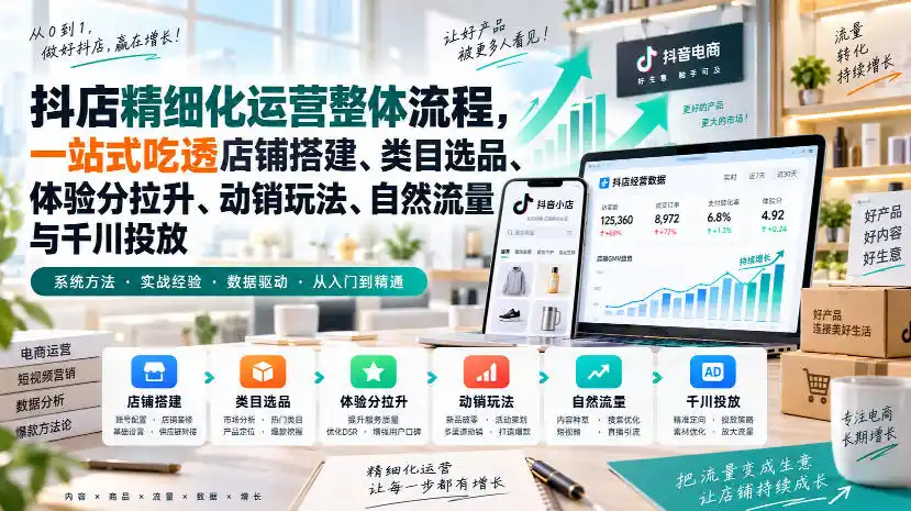 李哥电商-抖店精细化运营整体流程，一站式吃透店铺搭建、类目选品、体验分拉升、动销玩法、自然流量与千川投放-大伟资源网
