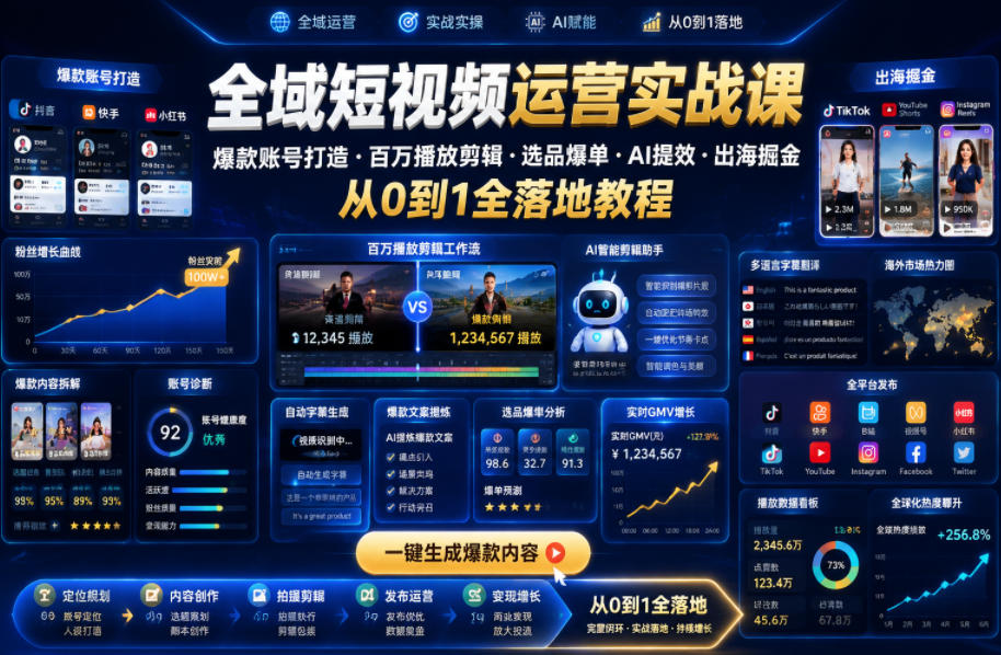 全域短视频运营实战课，爆款账号打造・百万播放剪辑・选品爆单・AI提效・出海掘金，从0到1全落地教程-小创项目网