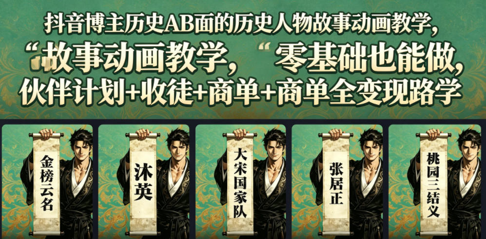 抖音博主历史AB面的历史人物故事动画教学，零基础也能做，伙伴计划+收徒+商单全变现路径教学-寒山客