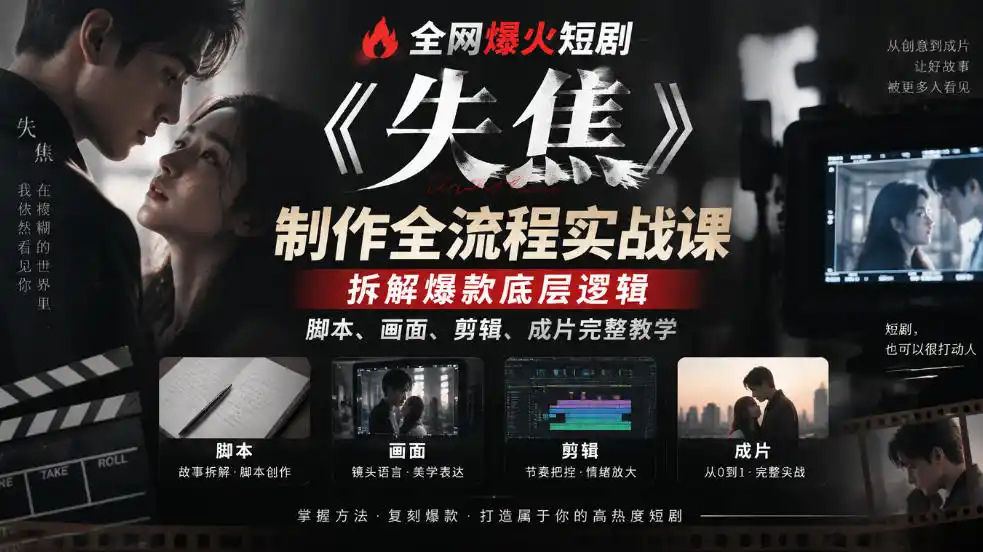 全网爆火短剧《失焦》制作全流程实战课｜拆解爆款底层逻辑，脚本、画面、剪辑、成片完整教学-小创项目网