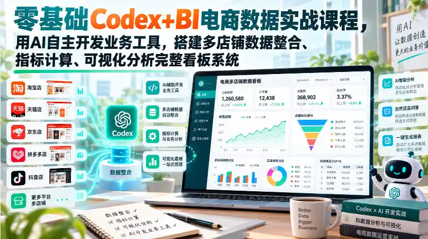 零基础Codex+BI电商数据实战课程，用AI自主开发业务工具，搭建多店铺数据整合、指标计算、可视化分析完整看板系统-寒山客