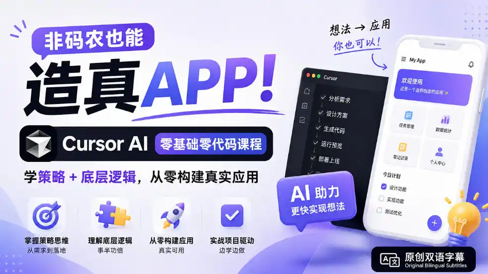 非码农也能造真APP！Cursor AI零基础零代码课程：学策略+底层逻辑，从零构建真实应用【原创双语字幕】-小创项目网