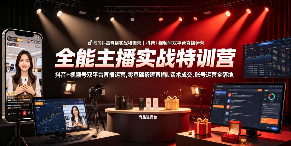 全能主播实战特训营｜抖音+视频号双平台直播运营，零基础搭建直播间、精准选品、话术成交、账号运营全落地-小创项目网
