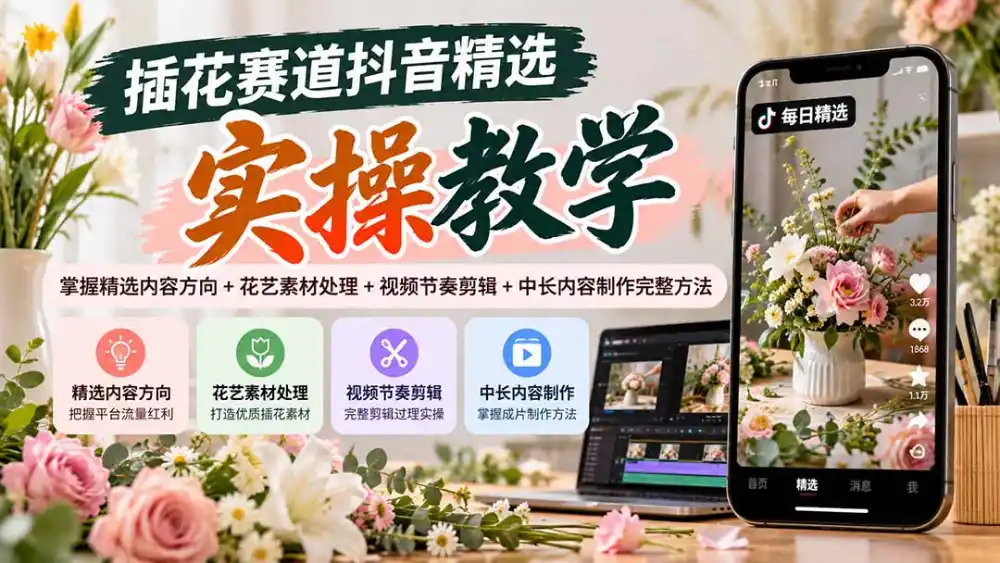 插花赛道抖音精选实操教学：掌握精选内容方向+花艺素材处理+视频节奏剪辑+中长内容制作完整方法-小创项目网