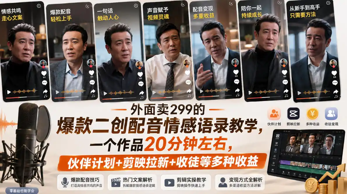 外面卖299的爆款二创配音情感语录教学，一个作品20分钟左右，伙伴计划+剪映拉新+收徒等多种收益