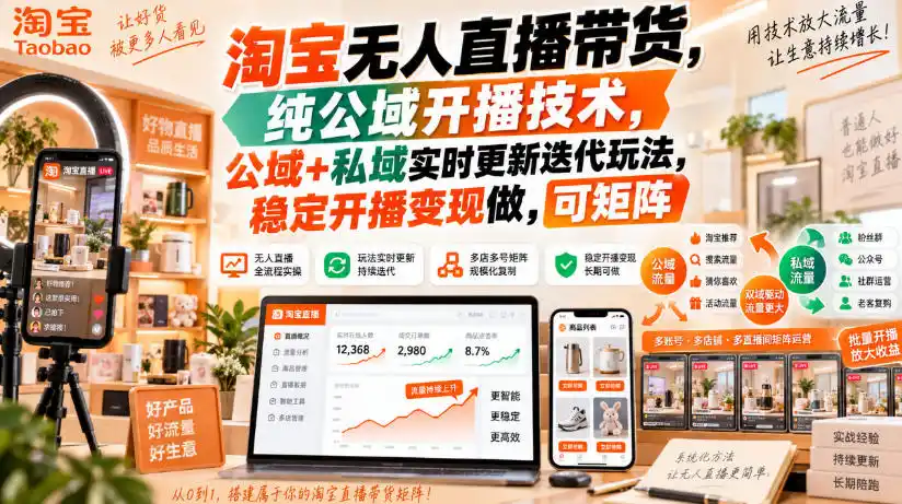 淘宝无人直播带货，纯公域开播技术，公域+私域实时更新迭代玩法，稳定开播变现做，可矩阵【揭秘】-寒山客