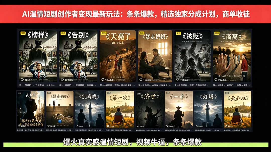 AI温情短剧创作者变现最新玩法：视频牛逼，条条爆款，精选独家分成计划，商单收徒-寒山客