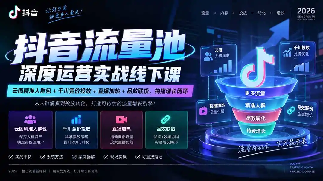 抖音流量池深度运营实战线下课｜云图精准人群包+千川竞价投放+直播加热+品效联投，构建增长闭环-寒山客