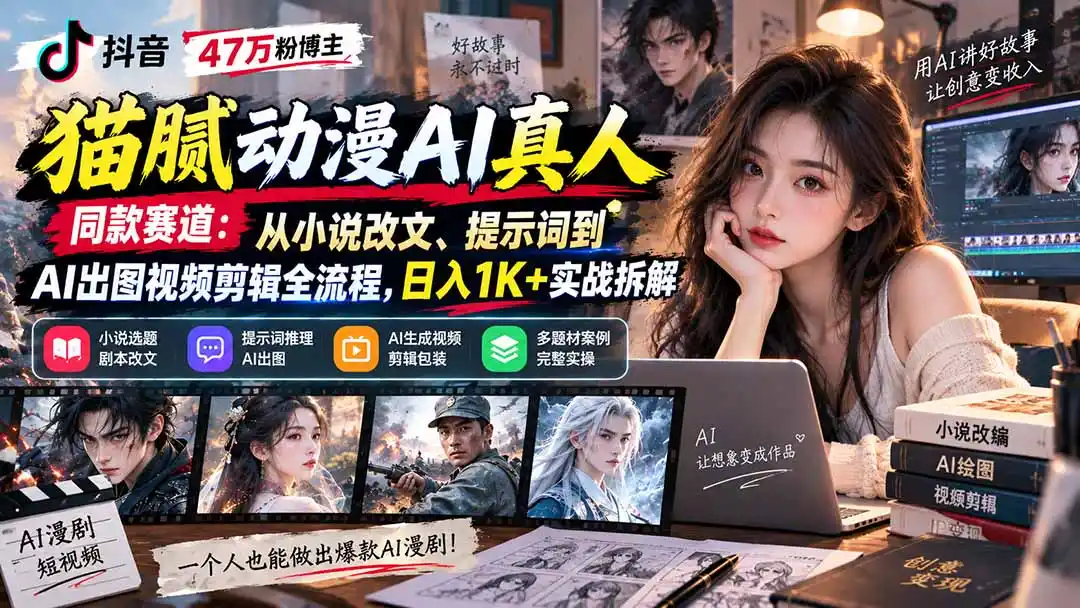 抖音47万粉博主猫腻动漫AI真人同款赛道：从小说改文、提示词到AI出图视频剪辑全流程，日入1K+实战拆解-寒山客