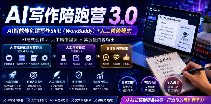 AI写作陪跑营3.0，Ai智能体创建写作skill(workbuddy)+人工手写模式(手搓模式)，去除AI痕迹(头条号、公众号、百家号)(更新0730)-寒山客