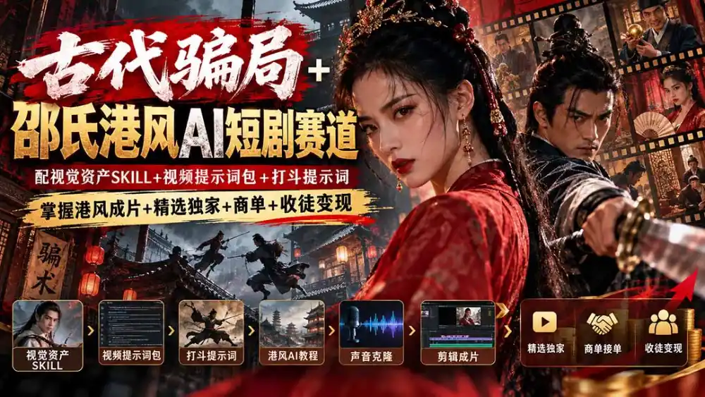 古代骗局+邵氏港风AI短剧赛道：配视觉资产SKILL+视频提示词包+打斗提示词，掌握港风成片+精选独家+商单+收徒变现-寒山客