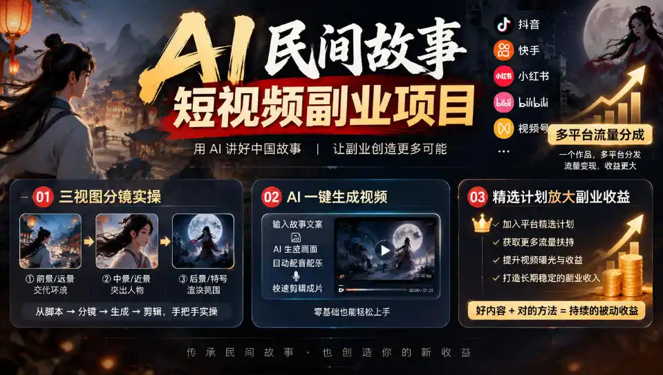 AI民间故事短视频副业项目，多平台流量分成，三视图分镜实操，精选计划放大副业收益-小创项目网