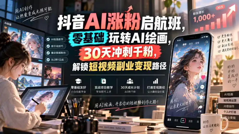 抖音AI涨粉启航班，零基础玩转AI绘画，30天冲刺千粉，解锁短视频副业变现路径-小创项目网