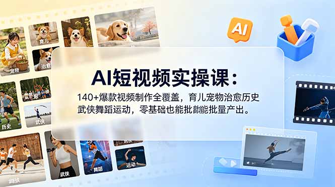 AI短视频实操课：140+爆款视频制作全覆盖，育儿宠物治愈历史武侠舞蹈运动，零基础也能批量产出-寒山客