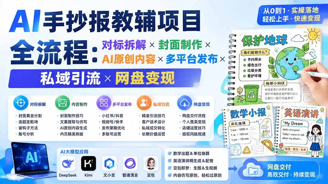AI手抄报教辅项目全流程：对标拆解×封面制作×AI原创内容×多平台发布×私域引流×网盘变现-小创项目网