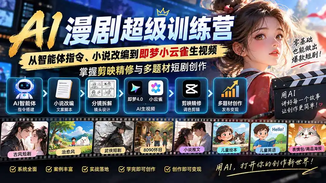 AI漫剧超级特训营:从智能体指令、小说改编到即梦小云雀生视频,掌握剪映精修与多题材短剧创作-寒山客