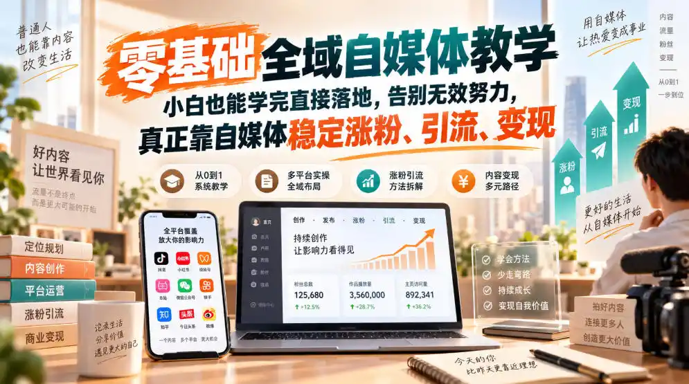 零基础全域自媒体教学，小白也能学完直接落地，告别无效努力，真正靠自媒体稳定涨粉、引流、变现-小创项目网