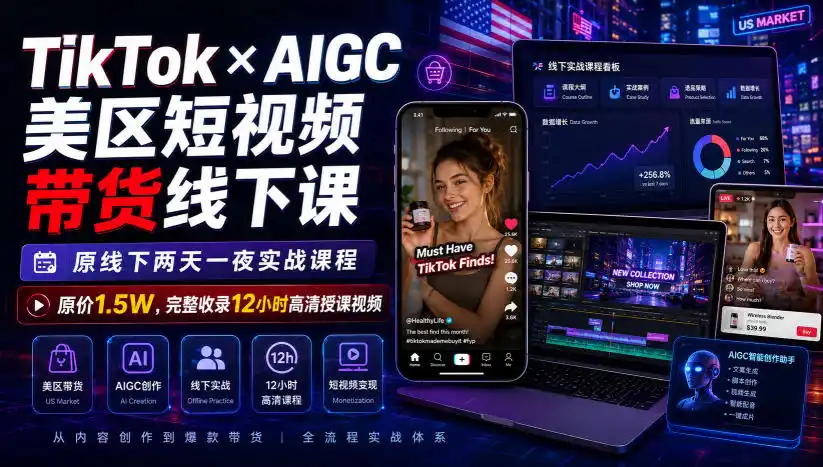 TikTok×AIGC美区短视频带货线下课，原线下两天一夜实战课程，原价1.5W，完整收录12小时高清授课视频-小创项目网