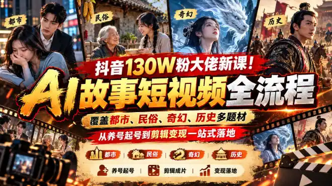 抖音130W粉大佬新课！AI故事短视频全流程，覆盖都市、民俗、奇幻、历史多题材，从养号起号到剪辑变现一站式落地-寒山客