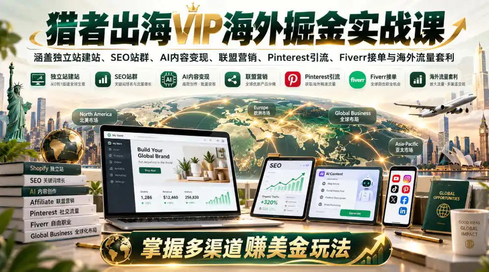 猎者出海VIP海外掘金实战课：涵盖独立站、SEO站群、AI变现、联盟营销、Pinterest引流、Fiverr接单与海外流量套利，掌握多渠道賺美金玩法-小创项目网