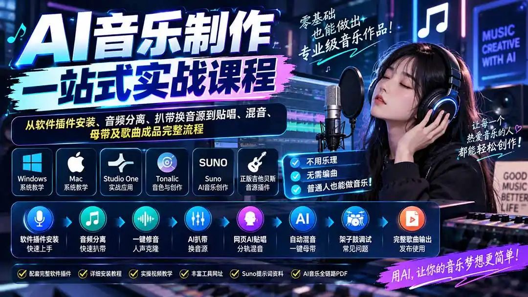 AI音乐制作一站式实战课程：从软件插件安装、音频分离、扒带换音源到贴唱、混音、母带及歌曲成品完整流程-寒山客