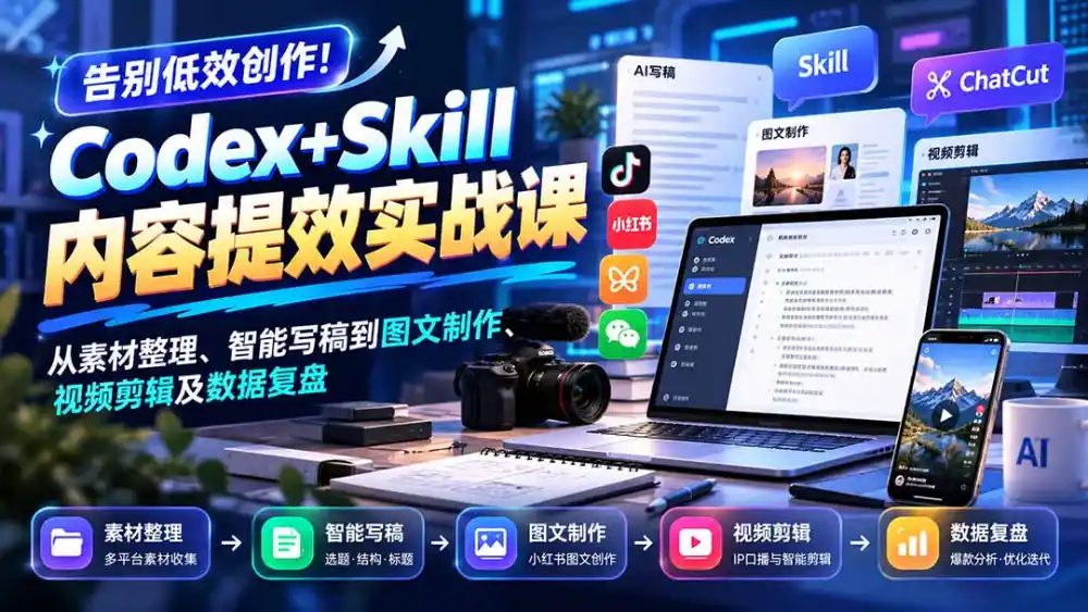 【无水印】告别低效创作！Codex+Skill内容提效实战课：从素材整理、智能写稿到图文制作、视频剪辑及数据复盘-小创项目网