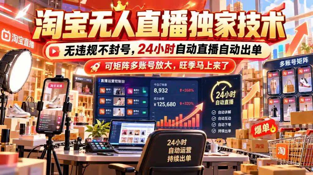淘宝无人直播独家技术，无违规不封号，24小时自动直播自动出单，可矩阵多账号放大，旺季马上来了【揭秘】-小创项目网