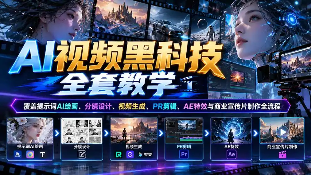 AI视频黑科技全套教学：覆盖提示词AI绘画、分镜设计、视频生成、PR剪辑、AE特效与商业宣传片制作全流程-小创项目网