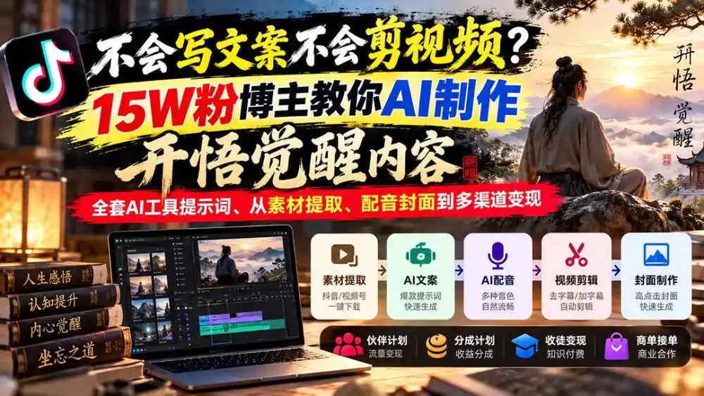 不会写文案不会剪视频？15W粉博主教你AI制作开悟觉醒内容，全套AI工具提示词、从素材提取、配音封面到多渠道变现-小创项目网