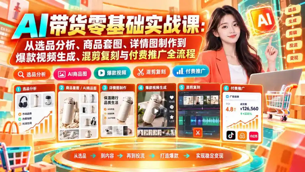 AI带货零基础实战课：从选品分析、商品套图、详情图制作到爆款视频生成、混剪复刻与付费推广全流程-小创项目网