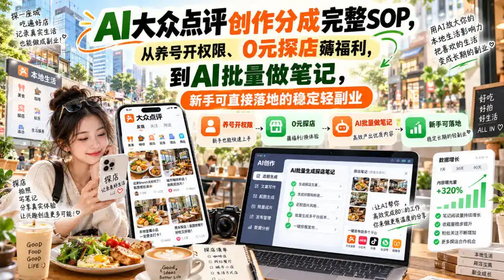 【无水印】AI大众点评创作分成完整SOP,从养号开权限、0元探店薅福利,到AI批量做笔记,新手可直接落地的稳定轻副业-寒山客