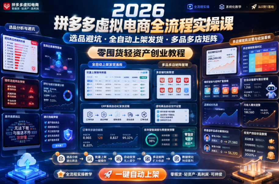 2026拼多多虚拟电商全流程实操课，选品避坑・全自动上架发货・多品多店矩阵，零囤货轻资产创业教程-小创项目网
