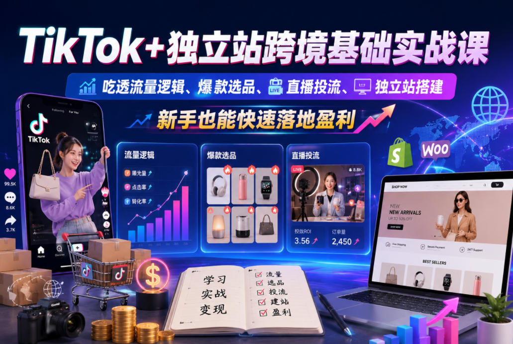 TikTok+独立站跨境基础实战课，吃透流量逻辑、爆款选品、直播投流与独立站搭建，新手也能快速落地盈利-寒山客