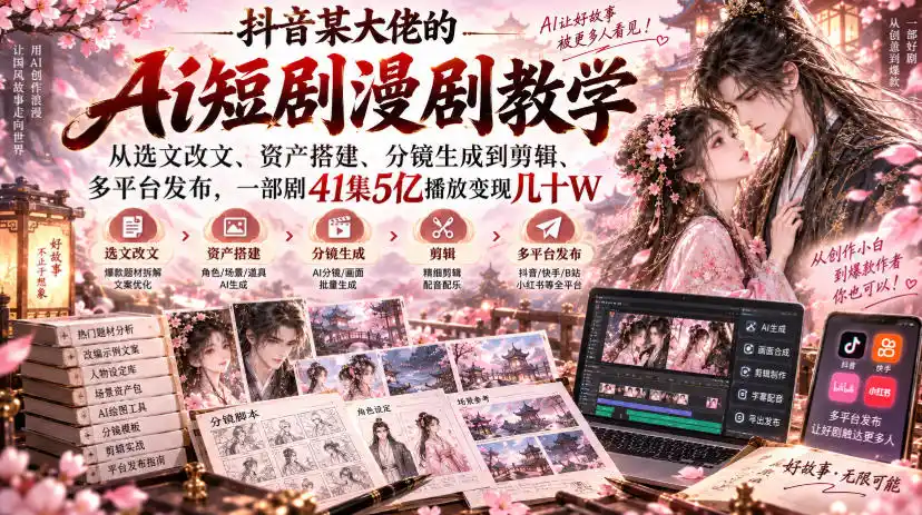抖音某大佬的Ai短剧漫剧教学,从选文改文、资产搭建、分镜生成到剪辑、多平台发布,一部剧41集5亿播放变现几十W