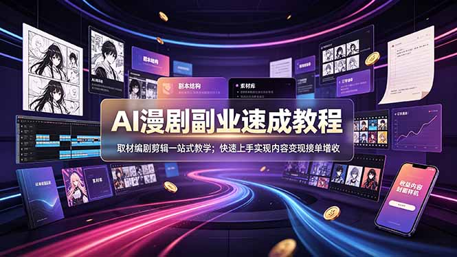 AI漫剧副业速成教程，取材编剧剪辑一站式教学；快速上手实现内容变现接单增收-寒山客