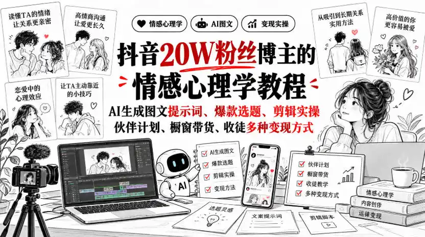 抖音20W粉丝博主静候心声的情感心理学教程，AI生成图文提示词、爆款选题、剪辑实操，伙伴计划、橱窗带货、收徒多种变现方式-寒山客