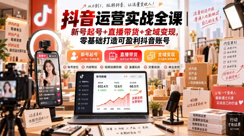 抖音运营实战全课|新号起号+直播带货+全域变现,零基础打造可盈利抖音账号