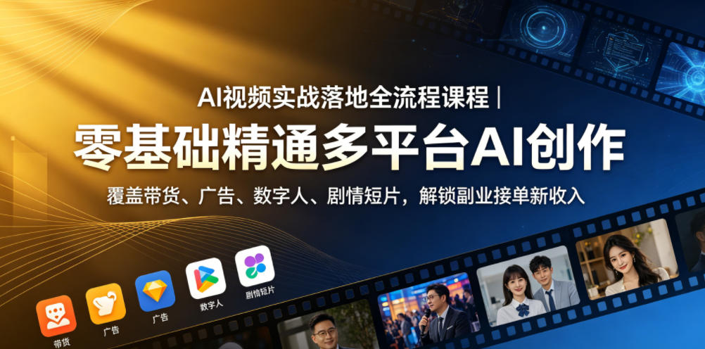 AI视频实战落地全流程课程｜零基础精通多平台AI创作，覆盖带货、广告、数字人、剧情短片，解锁副业接单新收入-小创项目网