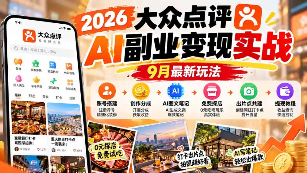 2026大众点评AI副业变现实战9月最新玩法：账号搭建+创作分成+AI图文笔记+免费探店+出片点共建与提现教程-小创项目网
