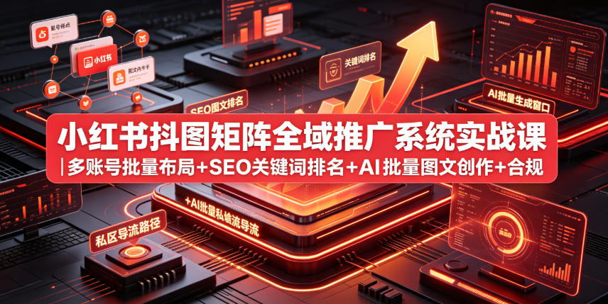 小红书抖图矩阵全域推广系统实战课｜多账号批量布局+SEO关键词排名+AI批量图文创作+合规私域导流完整落地教程-寒山客