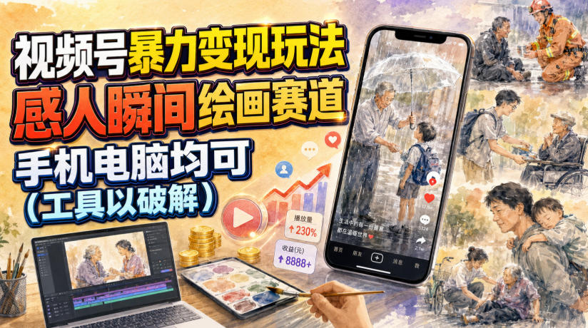 视频号暴力变现玩法，感人瞬间绘画赛道，手机电脑均可-小创项目网