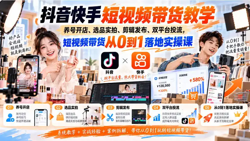 抖音快手短视频带货教学｜养号开店、选品实拍、剪辑发布、双平台投流，短视频带货从0到1落地实操课-小创项目网