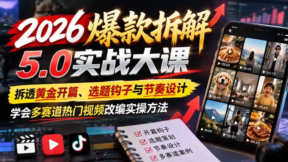 2026爆款拆解5.0实战大课：拆透黄金开篇、选题钩子与节奏设计，学会多赛道热门视频改编实操方法-小创项目网