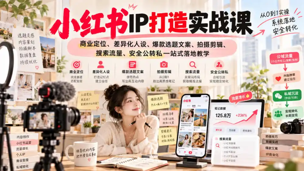 小红书ip打造实战课，商业定位、差异化人设、爆款选题文案、拍摄剪辑、搜索流量、安全公转私一站式落地教学-小创项目网