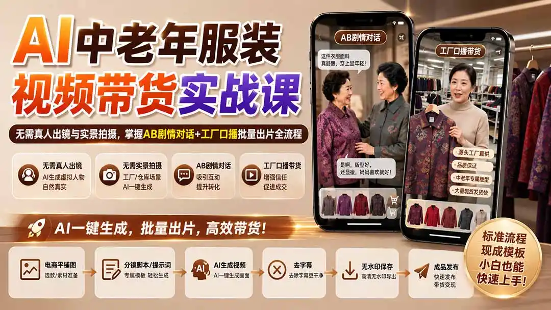 AI中老年服装视频带货实战课：无需真人出镜与实景拍摄，掌握AB剧情对话+工厂口播批量出片全流程-小创项目网