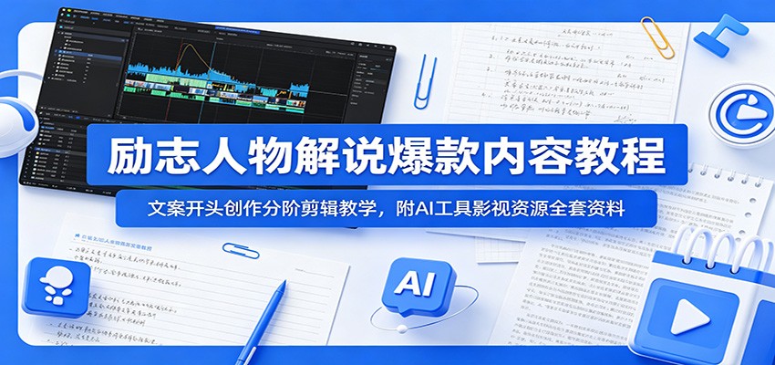 励志人物解说爆款内容教程：文案开头创作分阶剪辑教学，附AI 工具影视资源全套资料-寒山客