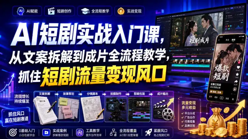 AI短剧实战入门课，从文案拆解到成片全流程教学，抓住短剧流量变现风口-小创项目网
