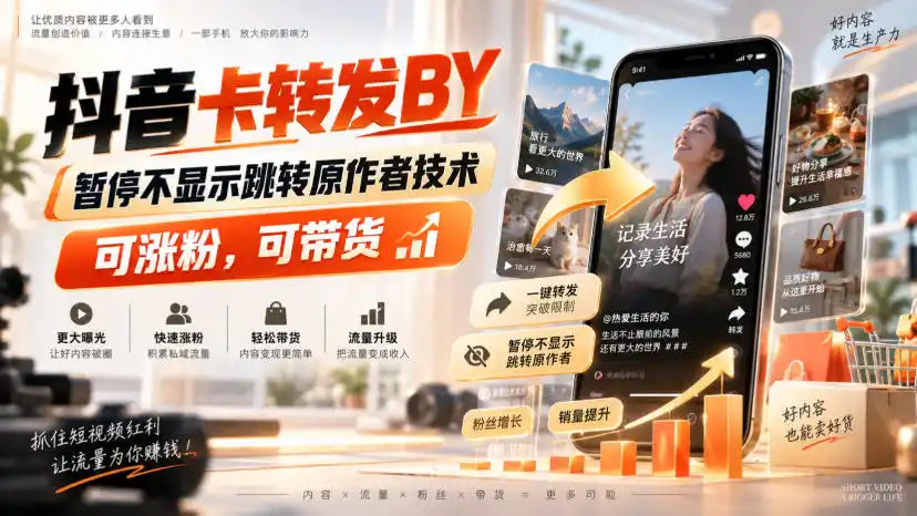 抖音卡转发搬运，暂停不显示跳转原作者技术，可涨粉，可带货-寒山客