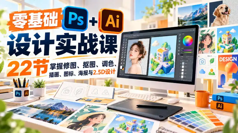 【无水印】零基础PS+AI设计实战课｜22节掌握修图、抠图、调色、插画、图标、海报与2.5D设计-小创项目网